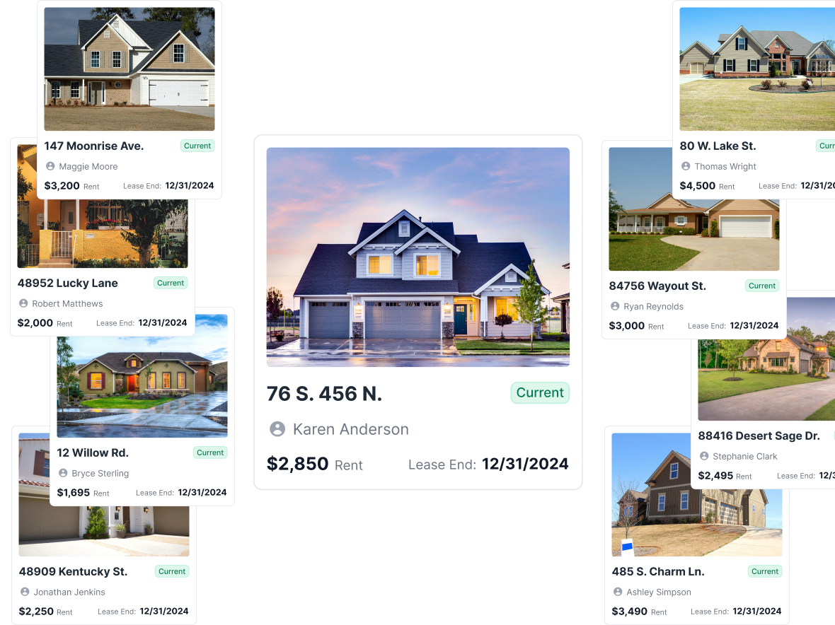 Rental Property Management Dashboard Overview Property management dashboard showing a list of rental properties with addresses, photos, and lease details