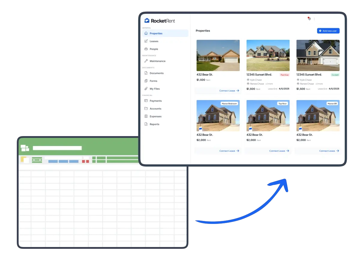 Replace Your Spreadsheet With RocketRent Dashboard RocketRent property management dashboard showing rental properties replacing a spreadsheet